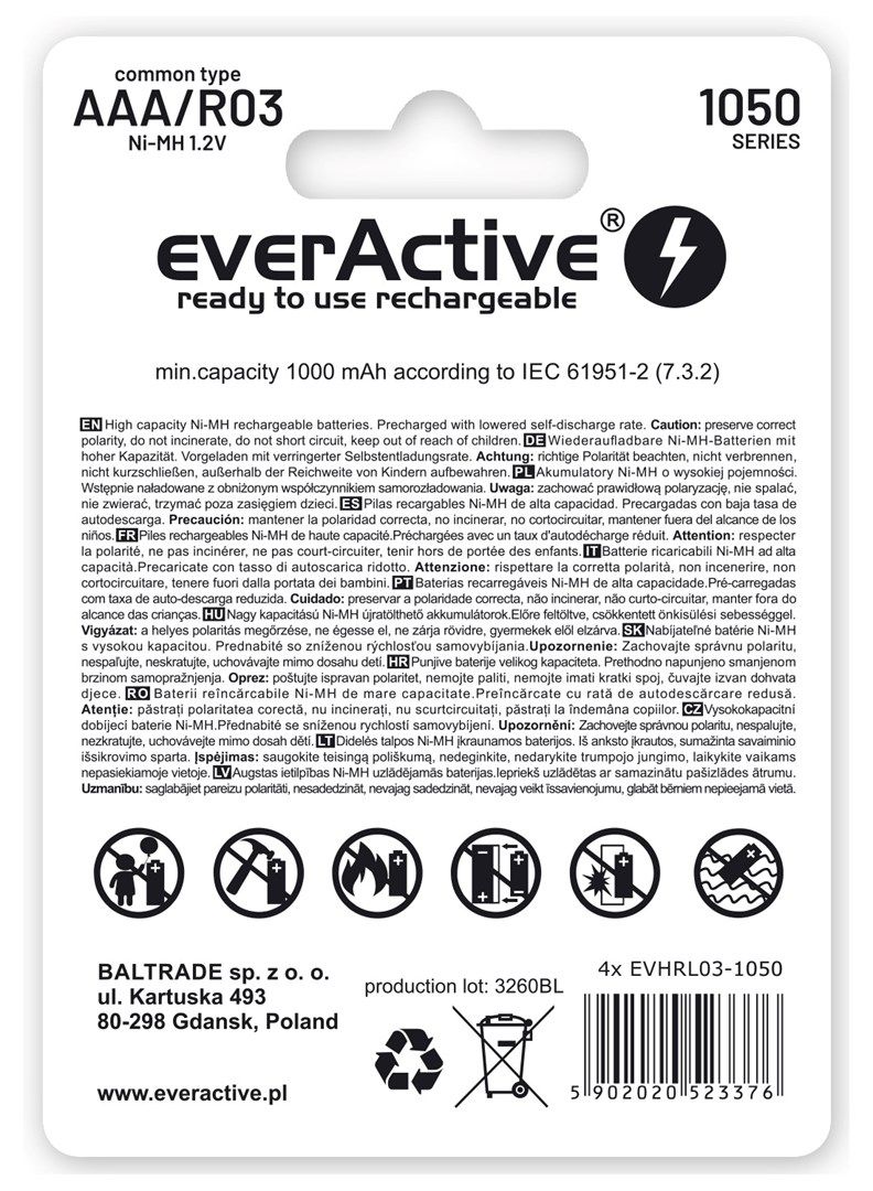 Rechargeable Batteries EverActive Ni-MH R03 AAA 550 MAh Infinity Line