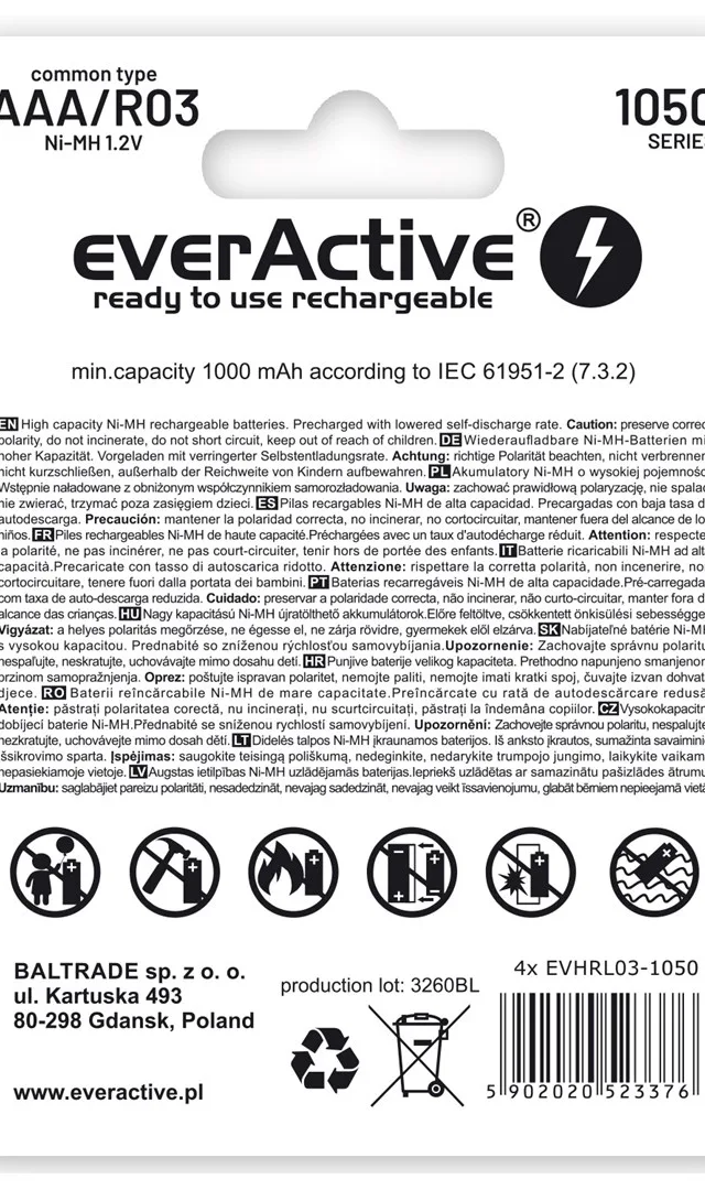 Rechargeable Batteries EverActive Ni-MH R03 AAA 550 MAh Infinity Line
