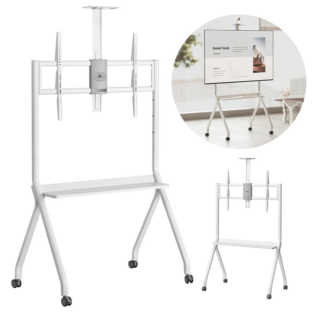 Maclean TV Stand / Cart Camera Shelf On Casters 55-100 Max Load 120kg/10kg Shelf Max. VESA 900x600 White MC-114 W