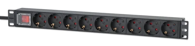 Intellinet 19" 1U Rackmount 9-Output Power Distribution Unit (PDU), EU CEE 7/3 Outlets, Built-in 2 m Power Cord with EU CEE 7/7 Plug, 16 A, On/Off Switch, Horizontal Mount, Aluminum, Black