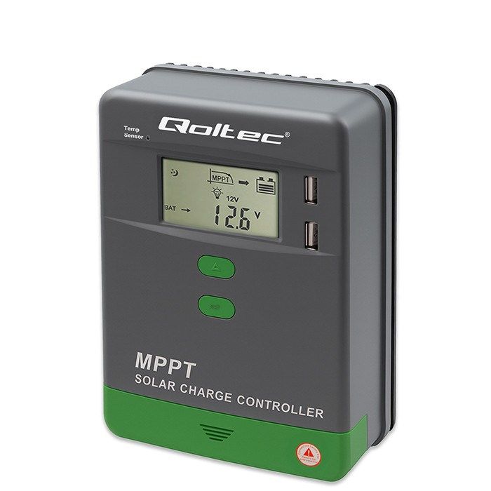 Qoltec Solarny Regulator łAdowania MPPT Z Czujnikiem Temperatury 10A 12V / 24V LCD 2 X USB Bluetooth APP GEL LiFePO4