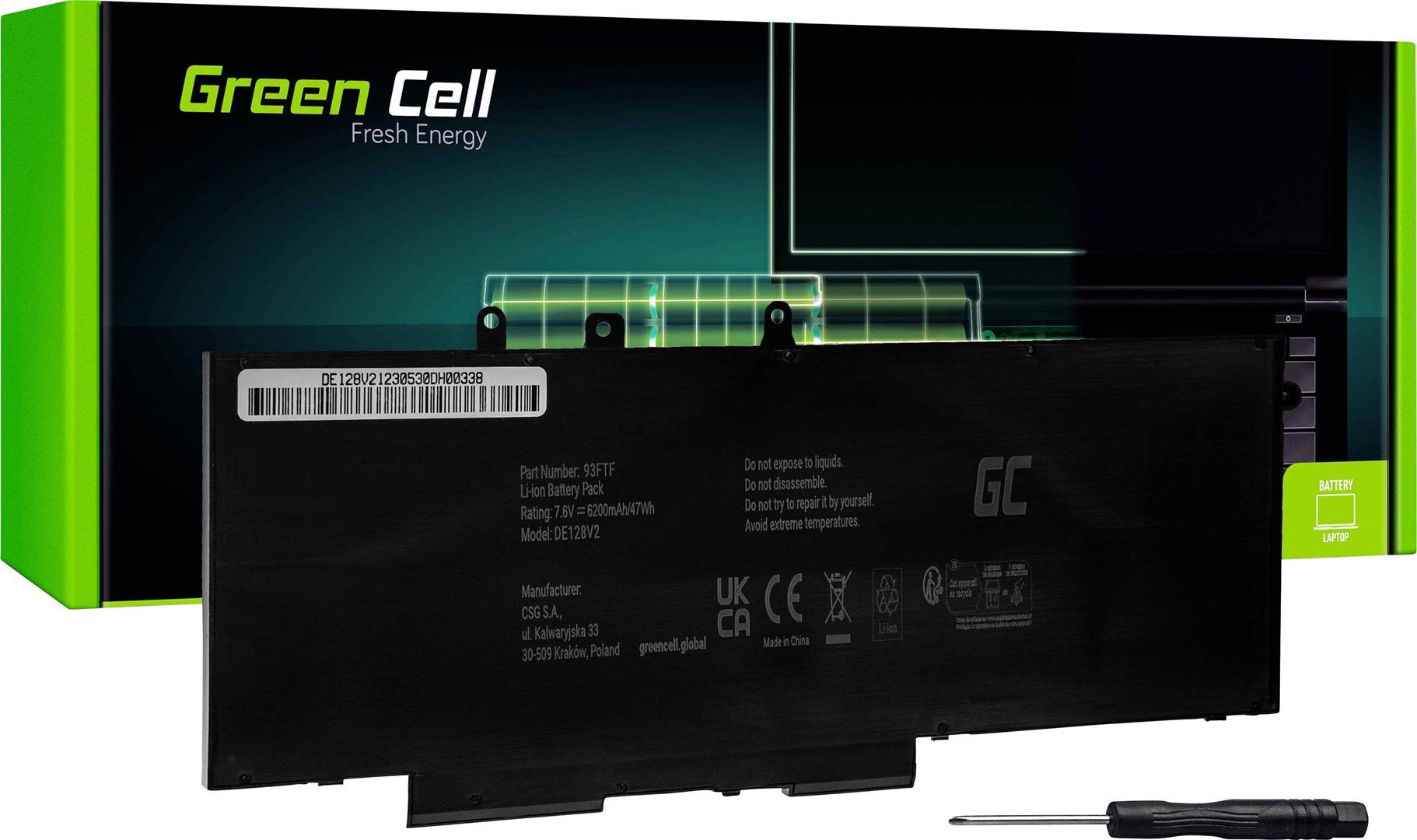 Green Cell Laptop Battery 93FTF GJKNX FüR Dell Latitude / 7,6V 6200mAh