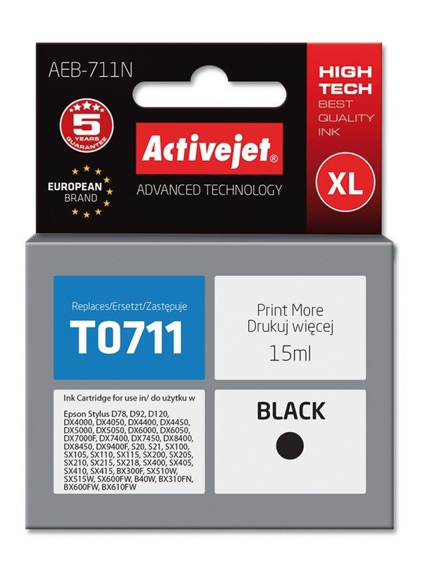 Activejet AEB-711N ink (replacement for Epson T0711, T0891; Supreme; 15 ml; black)