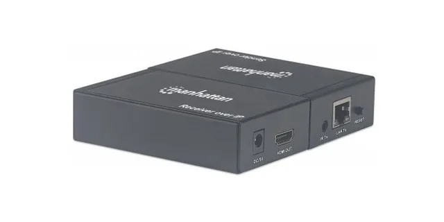 Manhattan 1080p HDMI over IP Extender Kit, Extends 1080p Signal up to 120m with a Network Switch and Single Ethernet Cable, IR Support, Black, Three Year Warranty