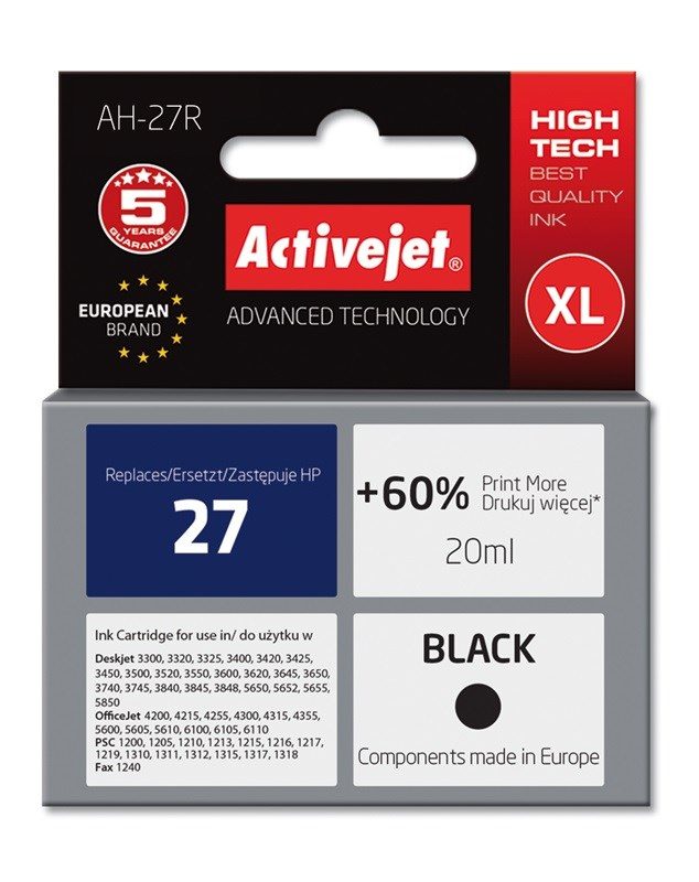 Activejet AH-27R ink (replacement for HP 27 C8727A; Premium; 20 ml; black)
