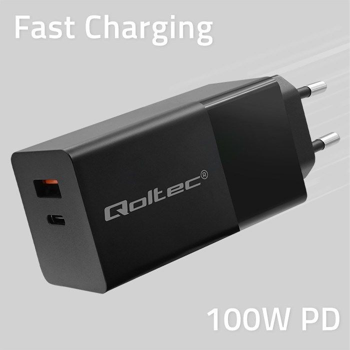 Qoltec 52382 mobile device charger Laptop, Portable gaming console, Power bank, Smartphone, Smartwatch, Tablet Black AC Fast charging Indoor