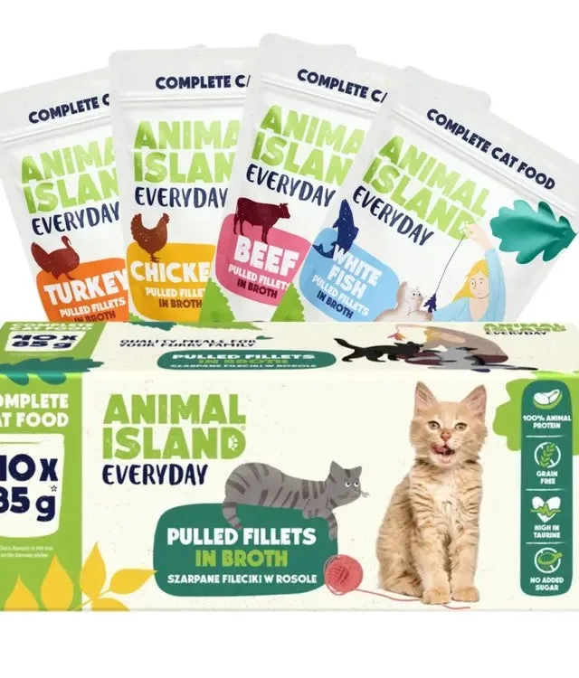 ANIMAL ISLAND Everyday Beef Chicken Turkey And White Fish Fillets In Broth - Wet Cat Food - 40 X 85g