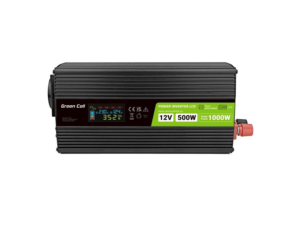 Green Cell Przetwornica napicia PowerInverter LCD 12 V 500W/1000W Przetwornica samochodowa z wywietlaczem - czysty sinus power adapter/inverter Auto Black