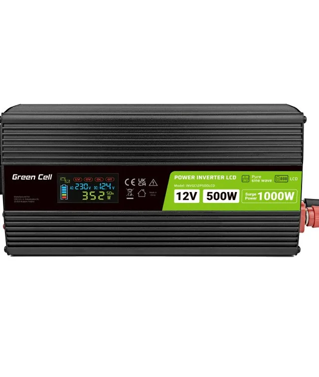 Green Cell Przetwornica napicia PowerInverter LCD 12 V 500W/1000W Przetwornica samochodowa z wywietlaczem - czysty sinus power adapter/inverter Auto Black