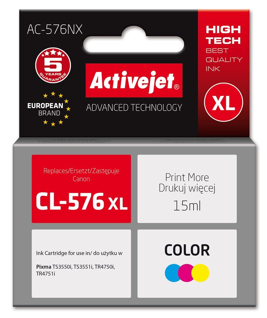 Activejet AC-576NX Canon printer ink, replacement Canon CL-576XL; Supreme; 15 ml; colour: blue, yellow, red