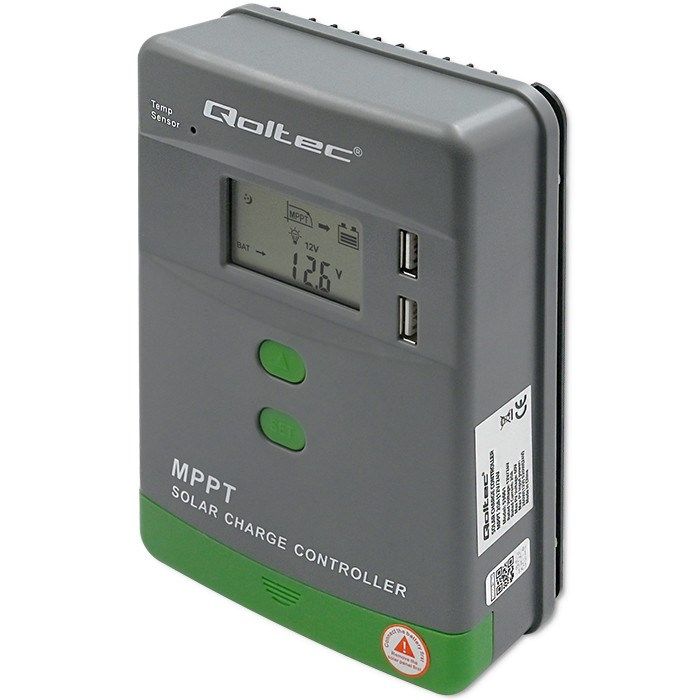 Qoltec Solar MPPT Charge Controller With Temperature Sensor 20A 12V/24V LCD 2 X USB