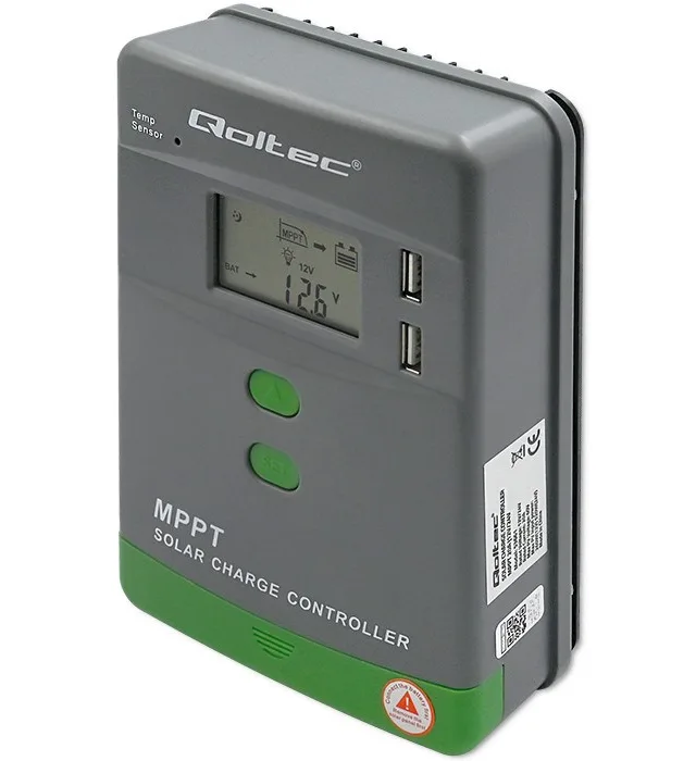 Qoltec Solar MPPT Charge Controller With Temperature Sensor 20A 12V/24V LCD 2 X USB