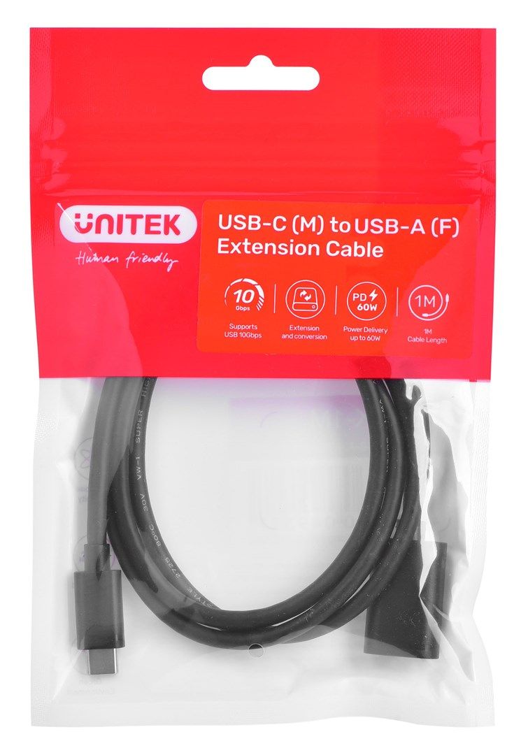 Cable Adapter Unitek (C476BK-1M) USB-C (M) - USB-A (F) 10Gbps 60 W