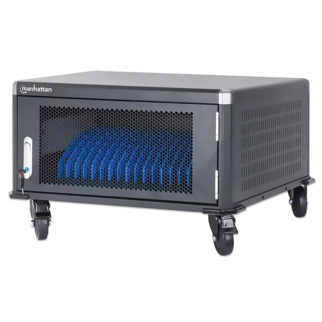 Manhattan Laptop Charging Cabinet Desktop via AC Adapter (EU) 20-bay, Install device's AC Adapter (power cables) into unit, Suitable for ALL laptops (to 16"), iPads, MacBooks, Chromebooks, other portable devices, Bays 380x30x280mm, Cart, Lockable