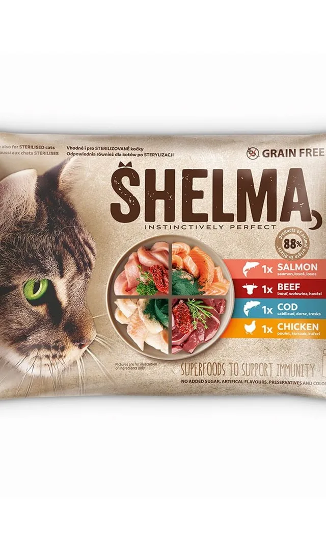 SHELMA Rich In Salmon Cod Beef And Chicken - Wet Cat Food - 4x85g