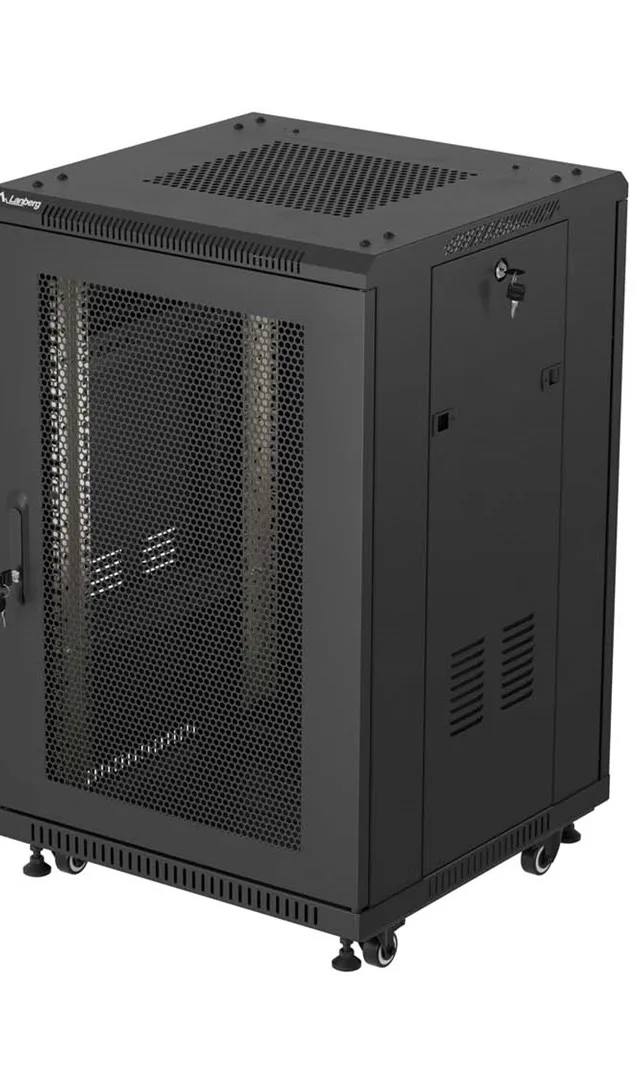 19" 18U 600 × 600 BLACK FLOOR-STANDING RACK CABINET WITH PERFORATED DOOR, LANBERG (FLAT PACK)