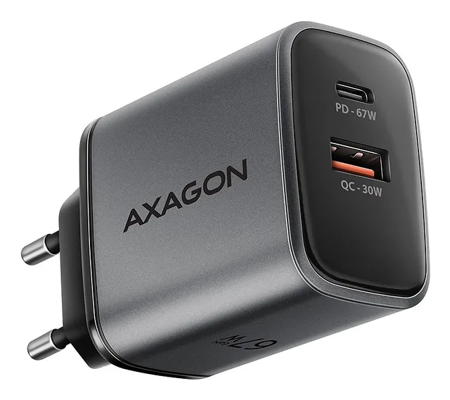 AXAGON ACU-PQ67 GaN Ladegerät, USB-C Power Delivery 3.0, USB-A Quick Carge 4 - grau