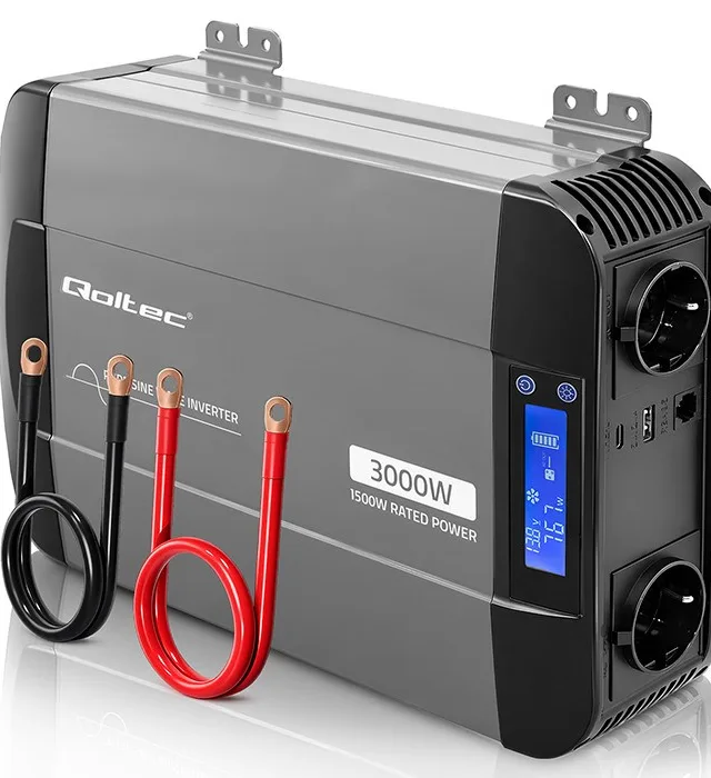 Qoltec Przetwornica napięcia Pure Sine Wave | 12V na 230V | 1500/3000W | LCD | USB | USB-C | Kompatybilna z LiFePO4 GEL AGM