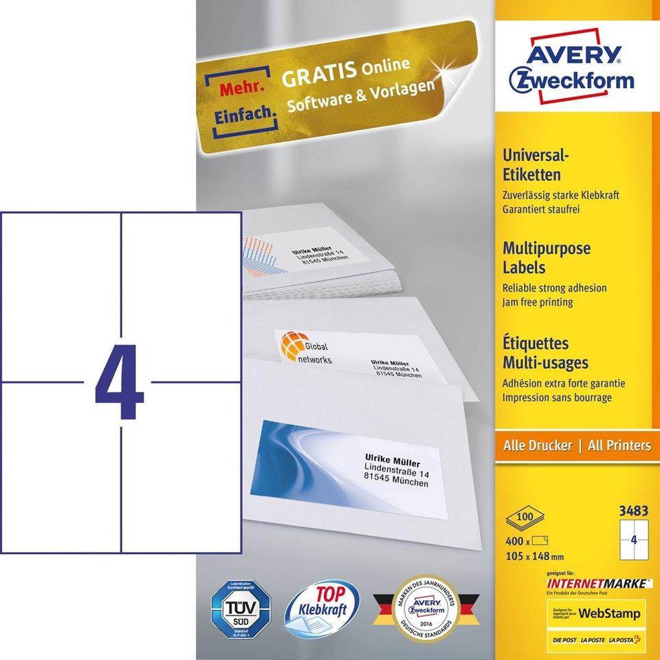 AVERY Zweckform Etiketten 3483 105,0 X 148,0 Mm White - 400 Piece