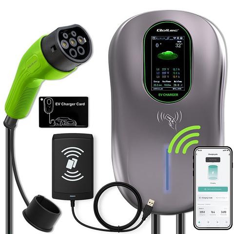 Qoltec Stacja łAdowania EV Typ2 Do Samochodu Elektrycznego I Hybryd 22kW LCD 2 Karty EV 3 Fazy Wallbox Hotel System 5m