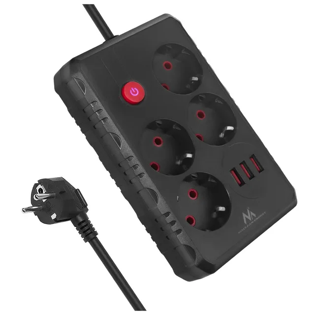 Maclean Power Strip 4-Socket Extension Cable 3xUSB 110-240V AC 50/60Hz 2.1A Max 2500W 3m Black MCE393 B