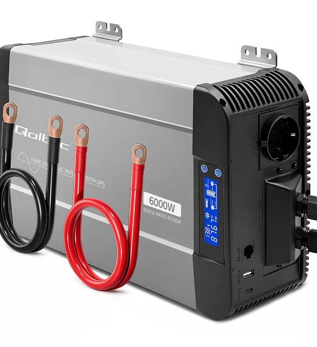 Qoltec Przetwornica napięcia Pure Sine Wave | 12V na 230V | 3000/6000W | UPS BYPASS | LCD | USB | USB-C | Kompatybilna z LiFePO4 GEL AGM