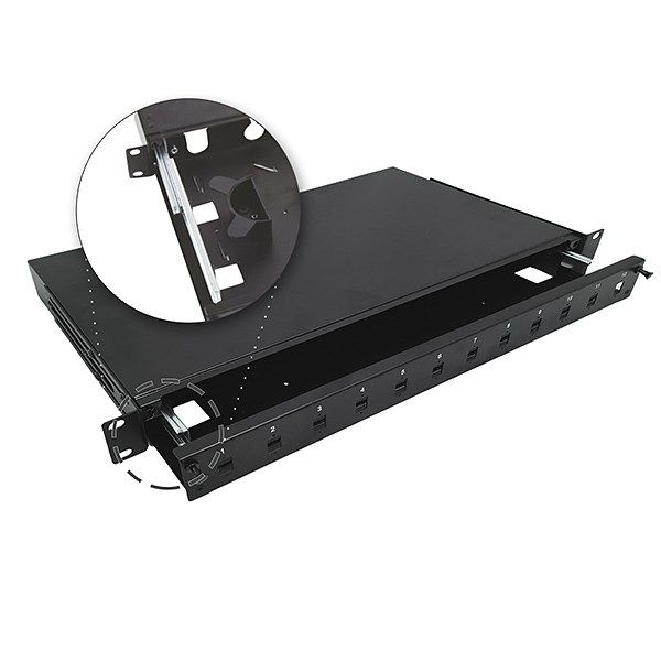 Alantec 12xSC simplex / 12xLC duplex 19" 1U telescopic fibre optic patch panel with mounting accessories