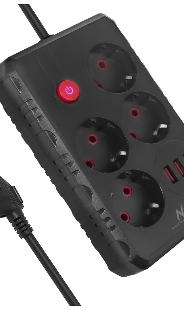 Maclean Power Strip 4-Socket Extension Cable 3xUSB 110-240V AC 50/60Hz 2.1A Max 2500W 1.5m Black MCE392 B