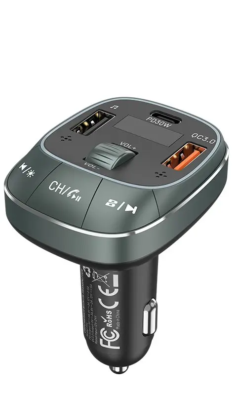 Vention 3-Port USB (C + A + A) Car Charger with FM Transmitter (30W/18W/5W) Black ABS Type