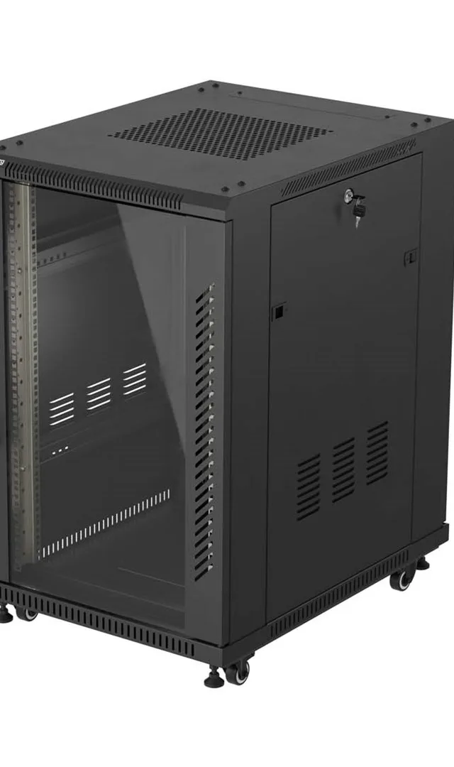 19" 18U 600 × 800 BLACK FLOOR-STANDING RACK CABINET WITH GLASS DOOR, LANBERG (FLAT PACK)
