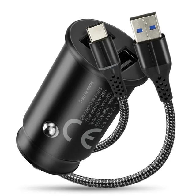Car charger 2 X USB 12W black + cable USB-C 1m