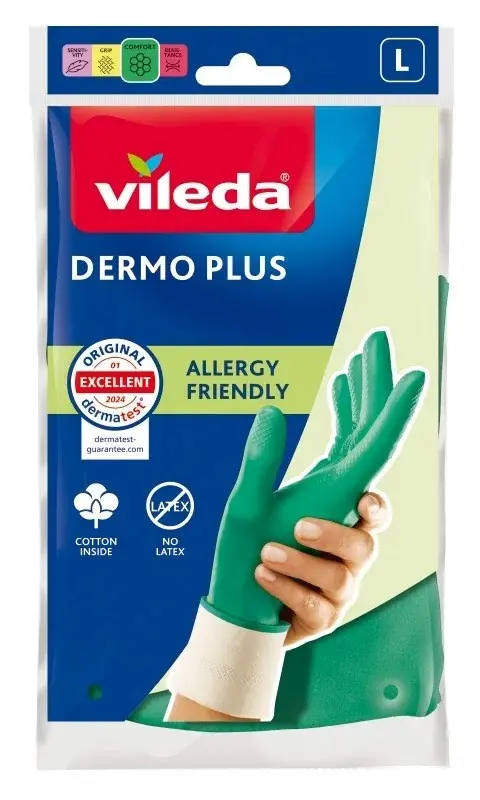 Vileda Dermo Plus ‘L’ Gloves Green Cotton, Nitrile