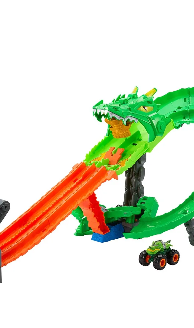 Hot Wheels Monster Trucks Sharks vs. Dinos Dragon Destruction Playset & 2 Toy Trucks