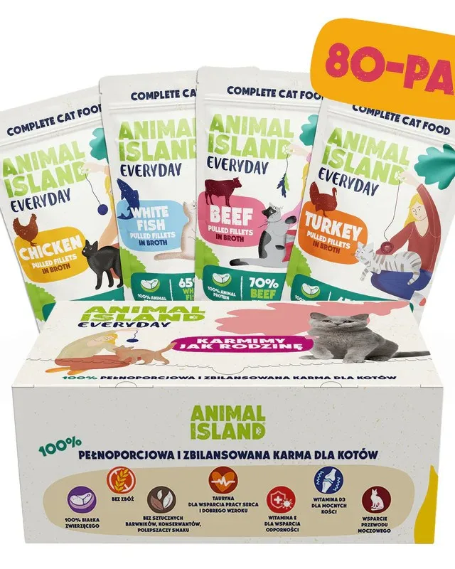 ANIMAL ISLAND Turkey / White Fish / Beef / Chicken Fillets In Broth - Wet Cat Food - 80x85g