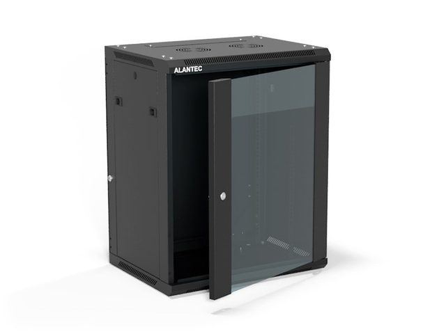 Szafa wisząca 19" 15U 600x450, (opcja dwusekcyjna) drzwi szklane jednoskrzydłowe, tył osłona pełna demontowalna, osłony boczne pełne demontowalne zamykane na klucz, 4 belki, kolor czarny, do samodzielnego montażu - Flat Pack, ALANTEC