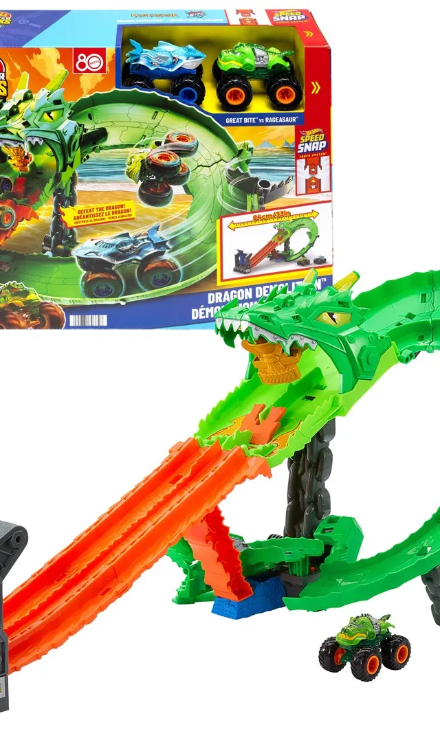 Hot Wheels Monster Trucks Sharks vs. Dinos Dragon Destruction Playset & 2 Toy Trucks