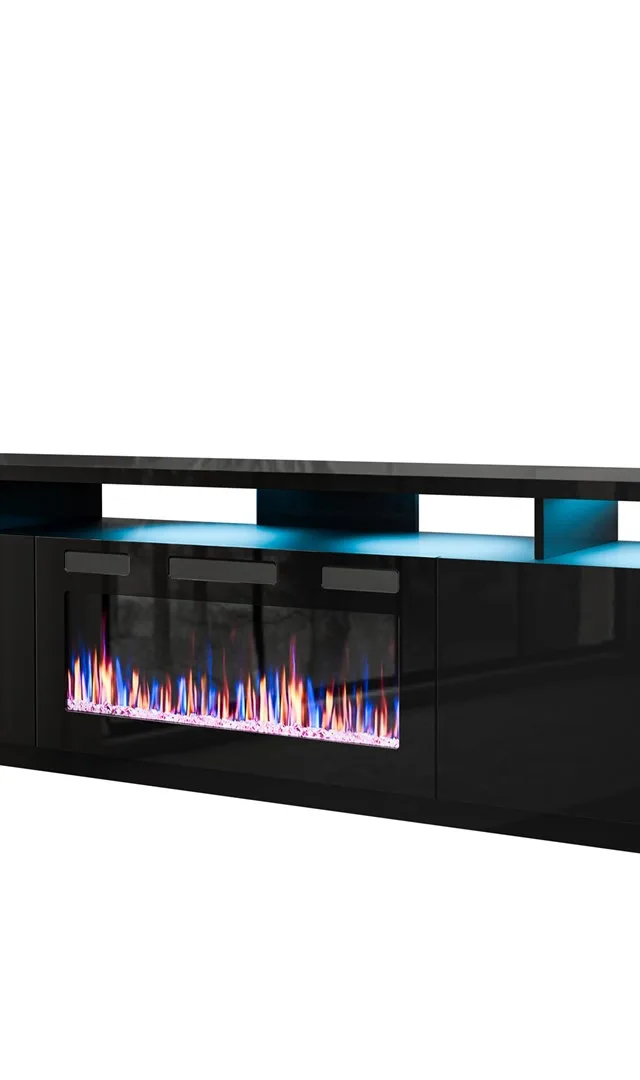 RTV EVA Cabinet With Electric Fireplace 180x40x52 Cm Black/Gloss Black