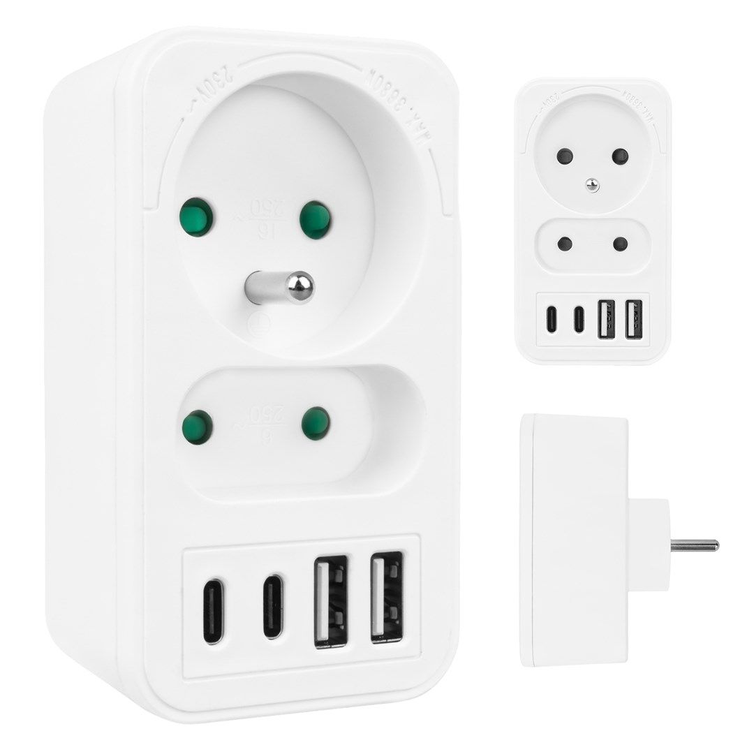 Current Socket X2 4xUSB Maclean Splitter With 2 Sockets 2xUSB A 2xUSB C PD 20W 1x16A 1x6A MCE249 F/W