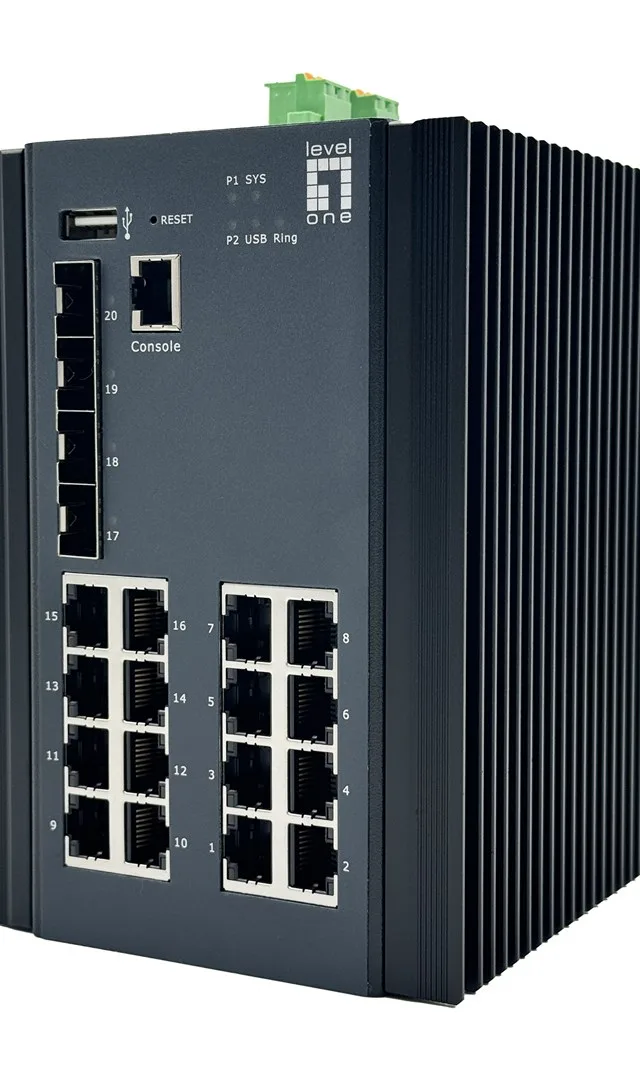 LevelOne 20-Port L2 Plus Managed Gigabit Industrial Switch, 16x 1GbE RJ45, 4x 1/2.5GbE SFP, DIN-Rail, -40°C to 80°C