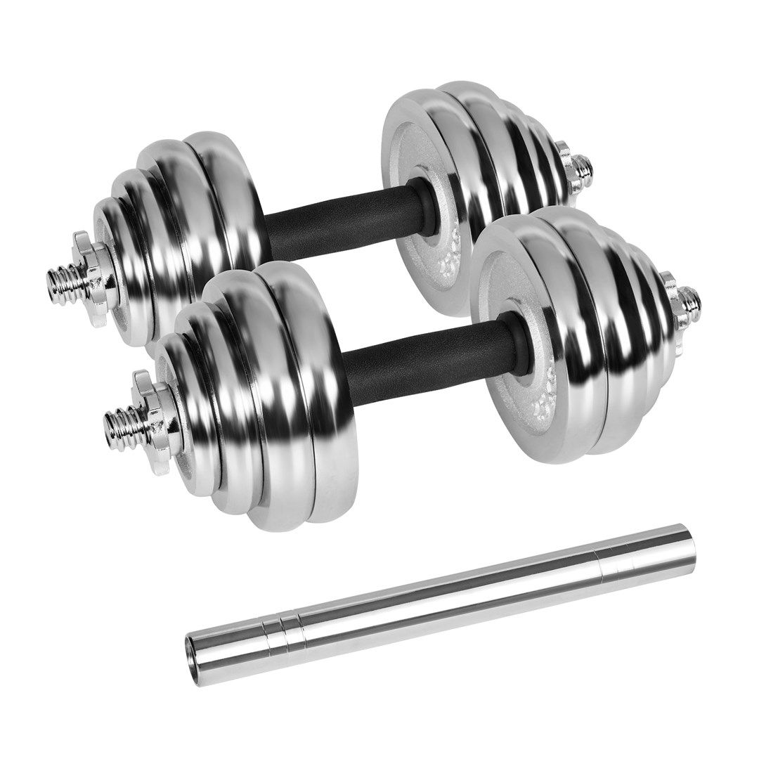 REBEL ACTIVE Chrome Adjustable Dumbbells In A Case 30 Kg With Barbell