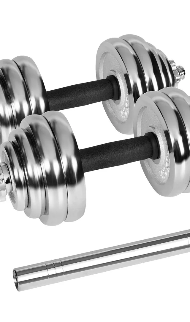 REBEL ACTIVE Chrome Adjustable Dumbbells In A Case 30 Kg With Barbell