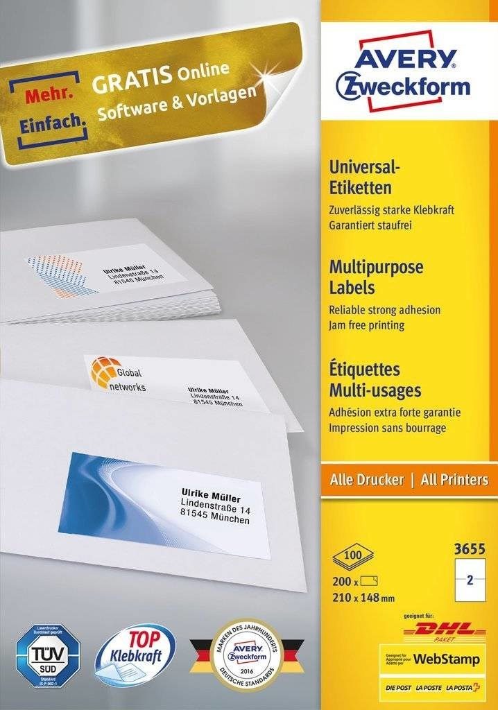 AVERY Zweckform Etiketten 3655 White 210,0 X 148,0 Mm - 200 Piece