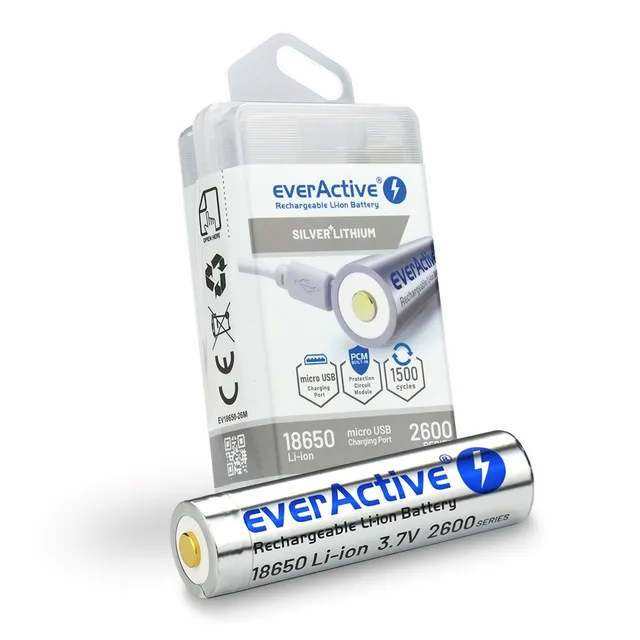 Battery EverActive 18650 3.7V Li-Ion 2600mAh Micro USB With Protection BOX