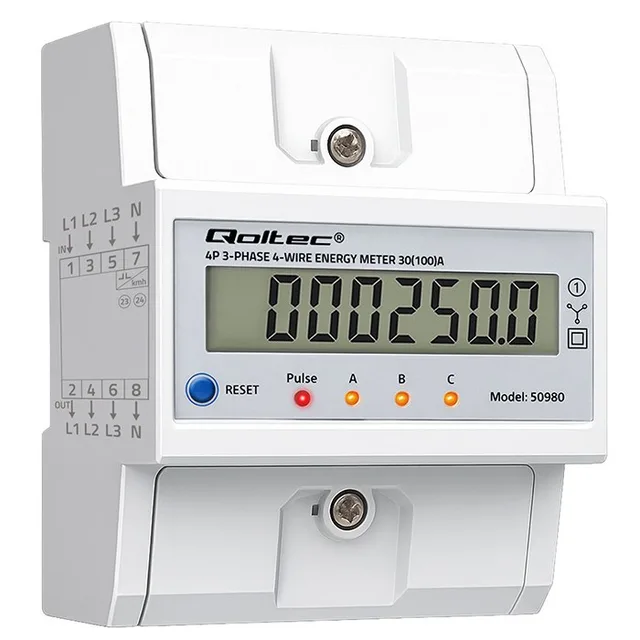 Qoltec 50980 Three-phase electronic meter with reset | DIN rail energy consumption meter | 400V | 100A | LCD | LED | 4P
