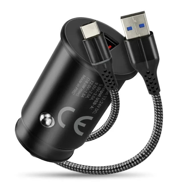 Car charger 1 X USB QC3.0 18W black + cable USB-C 1m