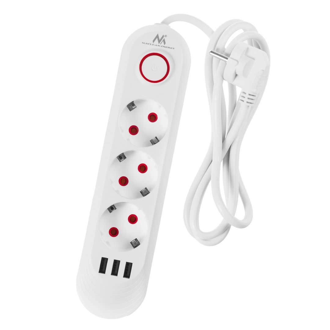Maclean Power Strip 3 Socket Extension 3xUSB 110-240V AC 50/60Hz 2.1A Max 2500W 1.5m White MCE394 W