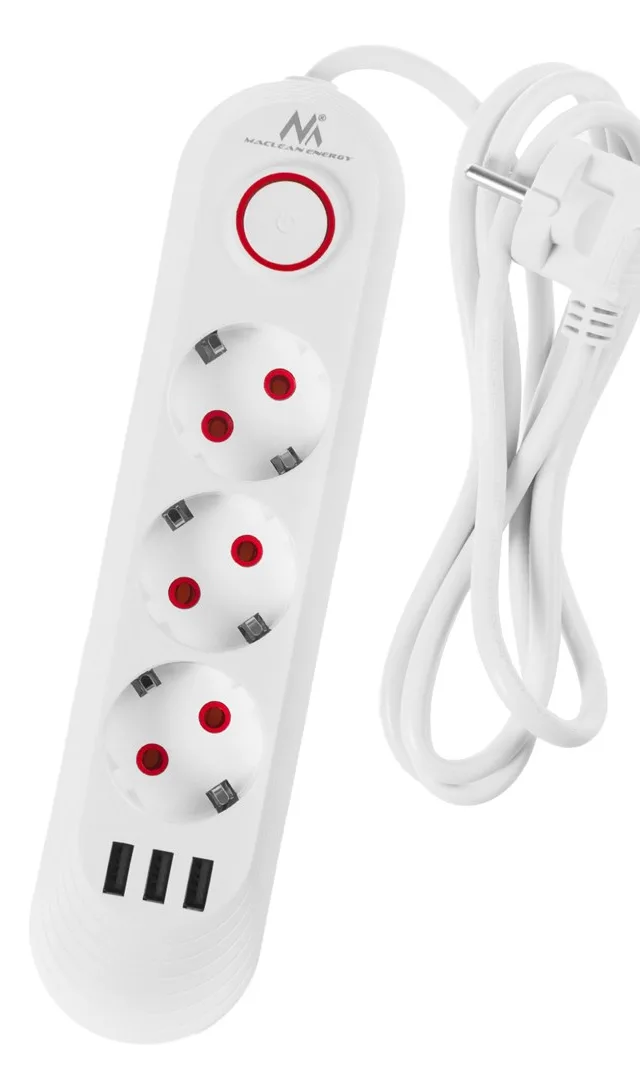 Maclean Power Strip 3 Socket Extension 3xUSB 110-240V AC 50/60Hz 2.1A Max 2500W 1.5m White MCE394 W