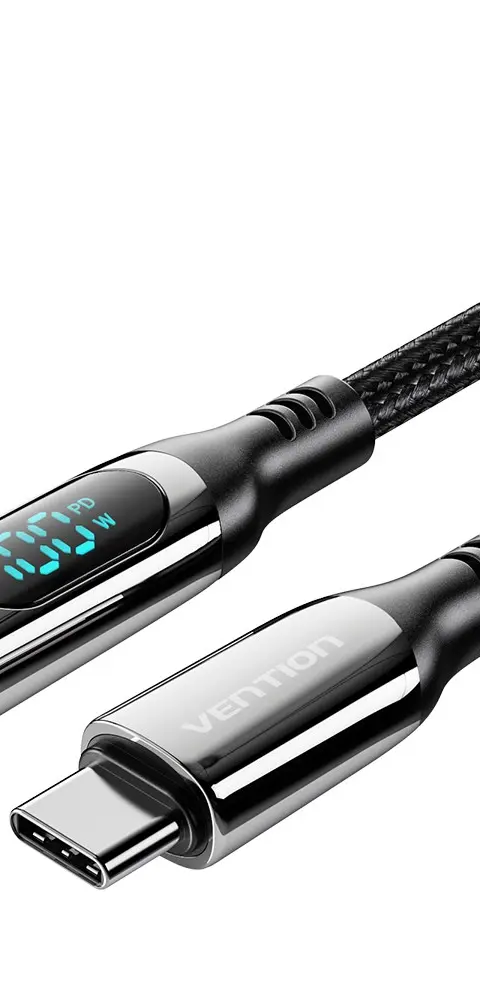 Vention Cotton Braided USB 2.0 C Male to C Male 5A Cable With LED Display 1.2M Black Zinc Alloy Type