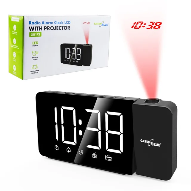 Digital LED Clock Radio With GreenBlue Projector FM Radio Alarm 12/24 Clock 5V DC USB Power Supply CR2032 GB172