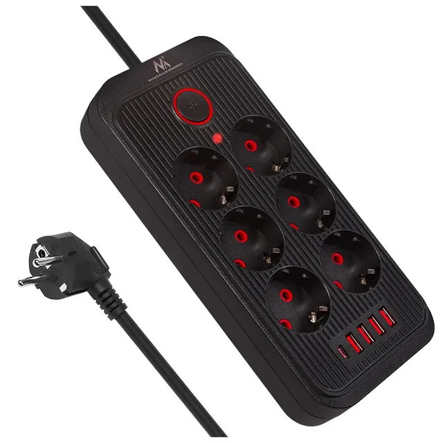 Maclean Power Strip 6 Socket Extension 4xUSB 110-240V AC 50/60Hz 2.1A Max 2500W 1.5 M Black MCE389 B